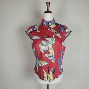 Vintage TAPP Vest 12 Red Asian Geisha Print Mandarin Collar Novelty Blouse Top